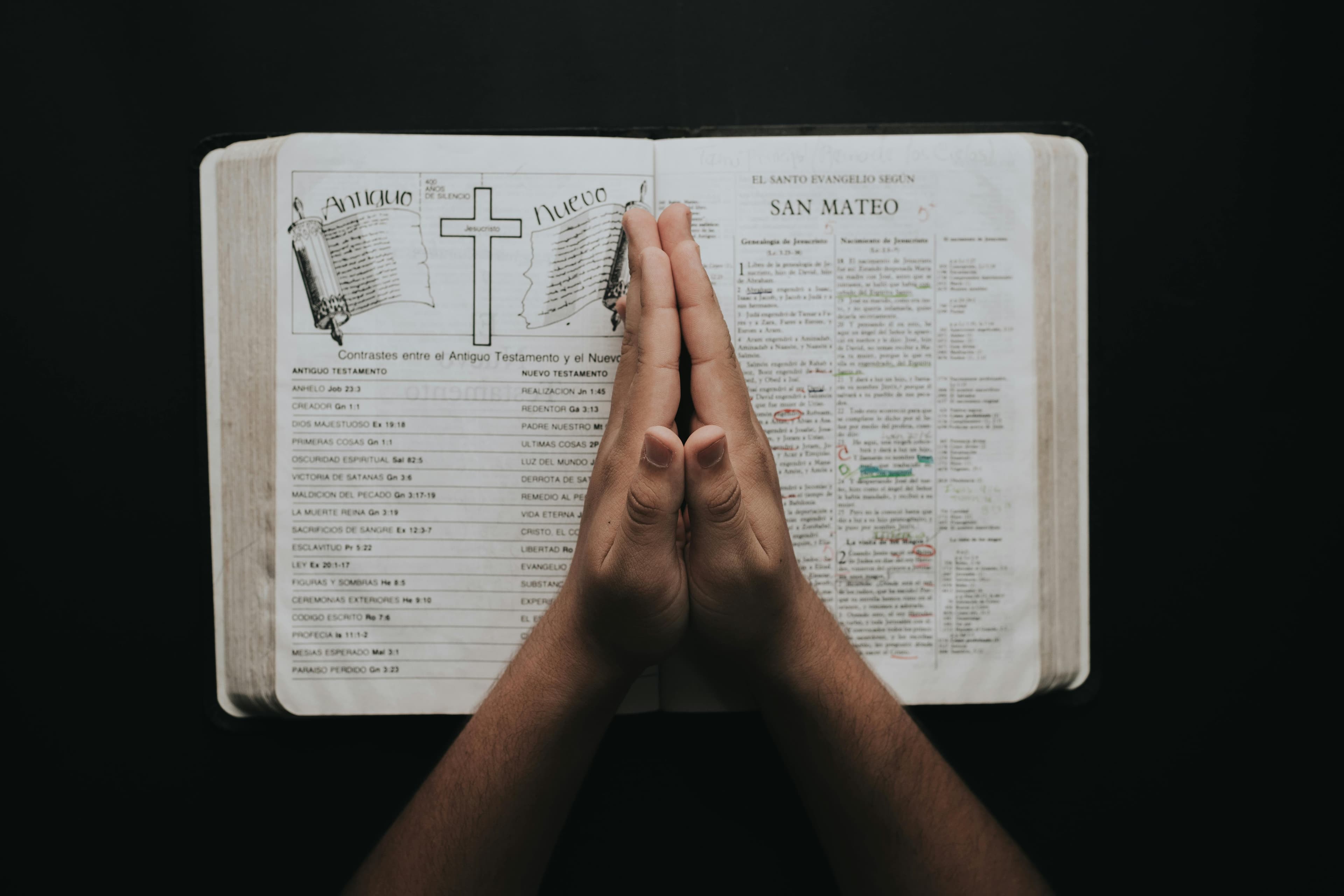 Hands clasped in prayer beside a worn Bible.